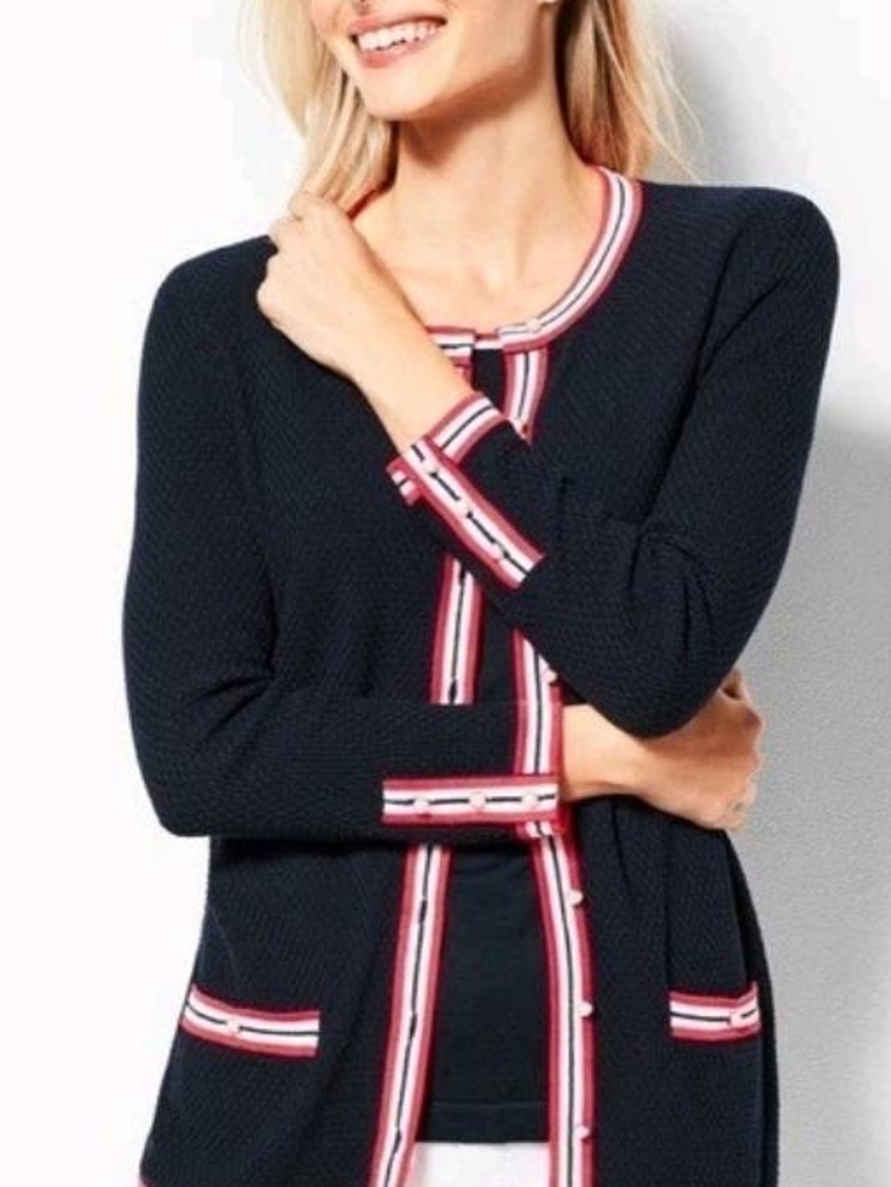 Preppy Nautical Talbot's Navy Cardigan/Sweater Trimmed Pearl Buttons Women's XL